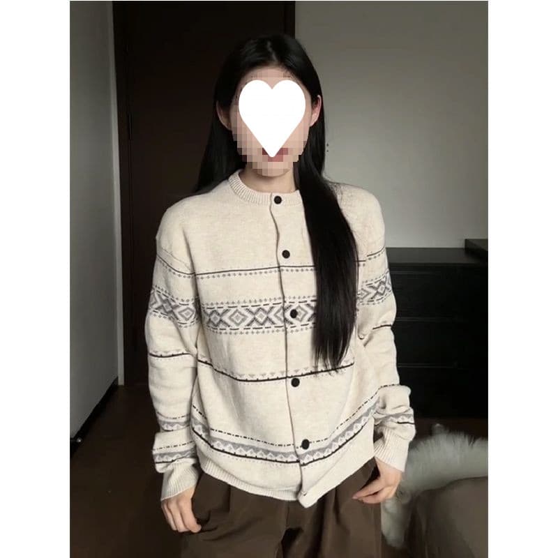 Fair Isle Jacquard Round Neck Sweater Coat, Men's and Women's Loose Couple's Knit Cardigan for Autumn/Winter New Arrival