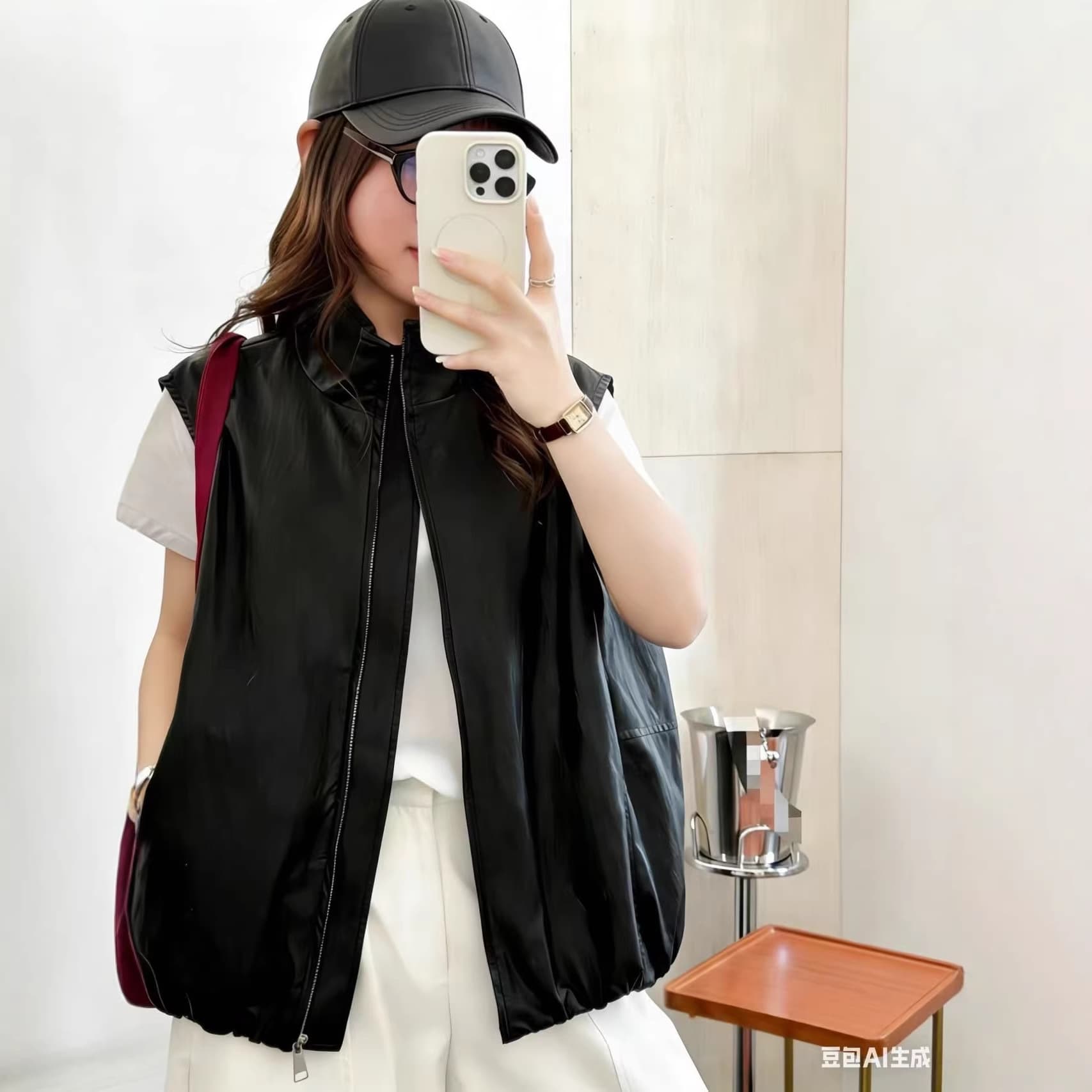 Black Retro Stand Collar Plaid Contrast High-End Sleeveless Leather Vest for Women 2026 Spring Loose Casual Short Jacket