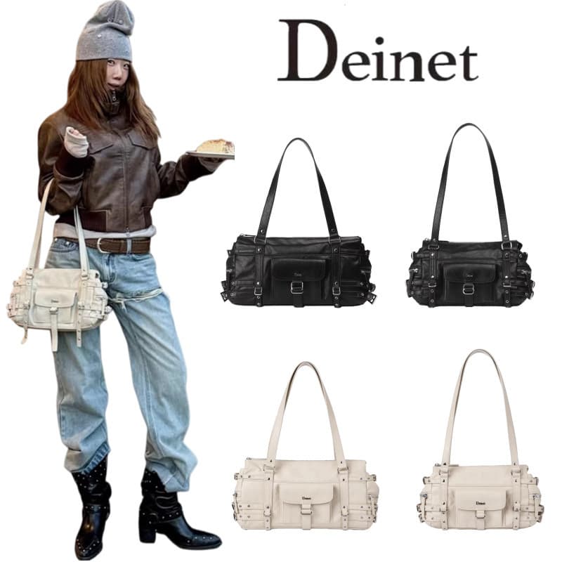 Korean designer brand deinet single-shoulder bag 2026 spring style, rivet belt, multi-pocket leather bag, underarm bag