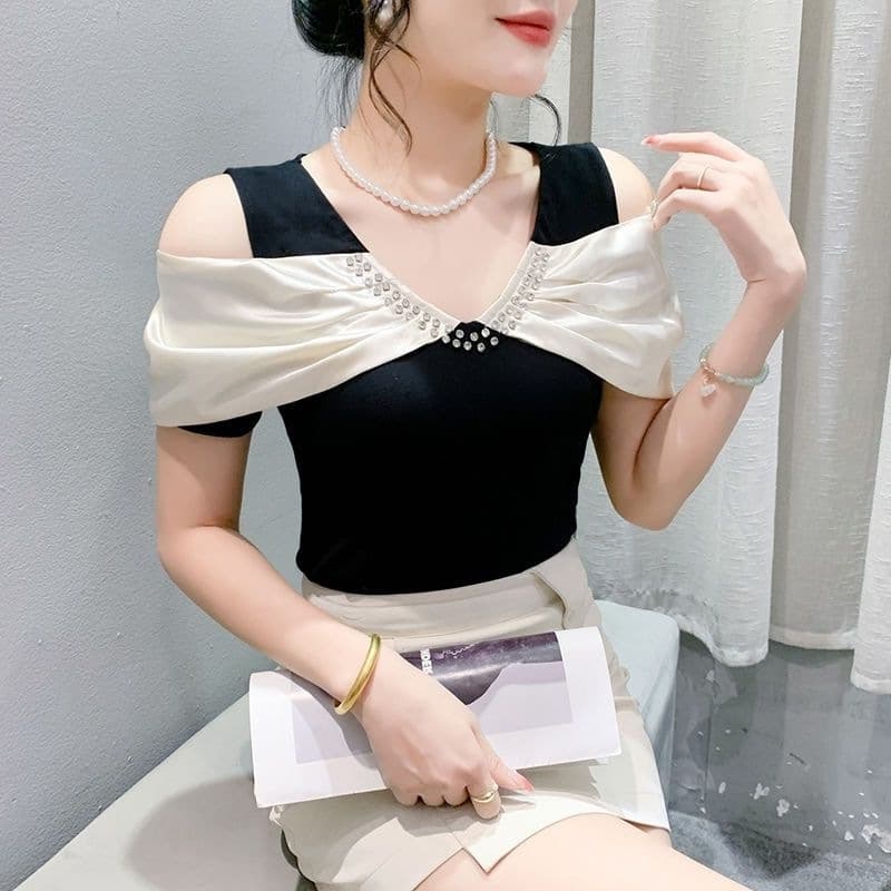 New Summer Style Chic Collar Top Fashionable Off-Shoulder Short Sleeve Tee Slim Fit Flattering Women's Blouse
