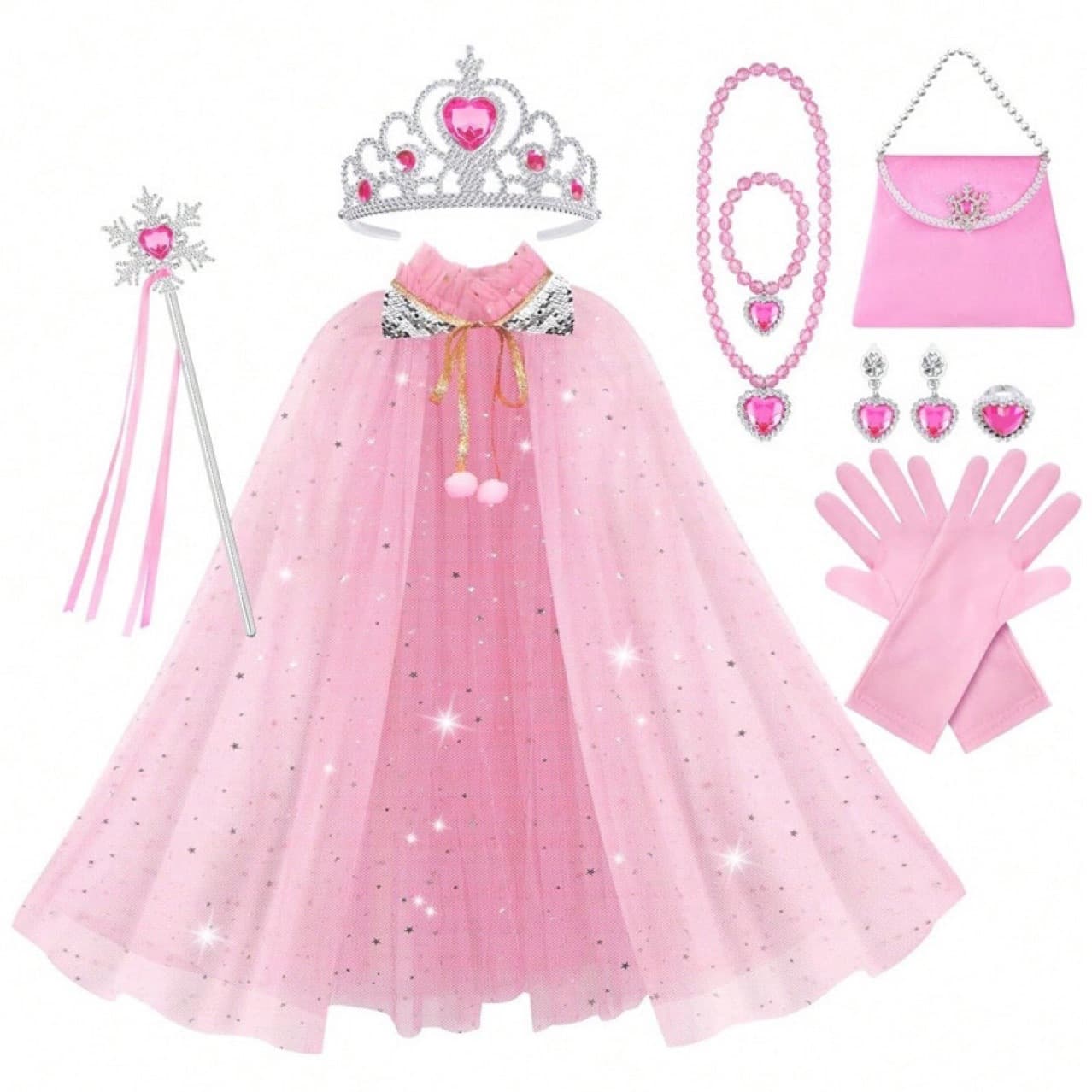 11-piece export children's fairy cape, cloak, crown, heart necklace, ring, earrings, princess cape set