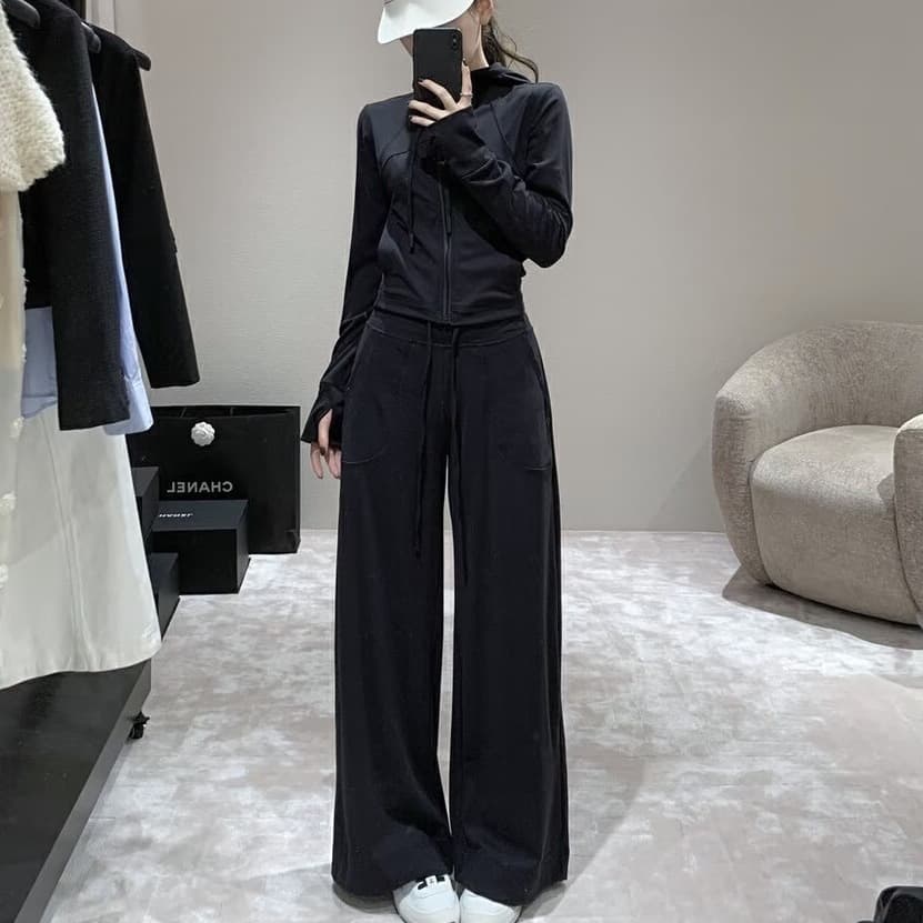 Lulu Style Mulberry Silk and Wool Blend Women's Wide-Leg Pants with Large Pockets, Casual Versatile Slimming Long Trousers