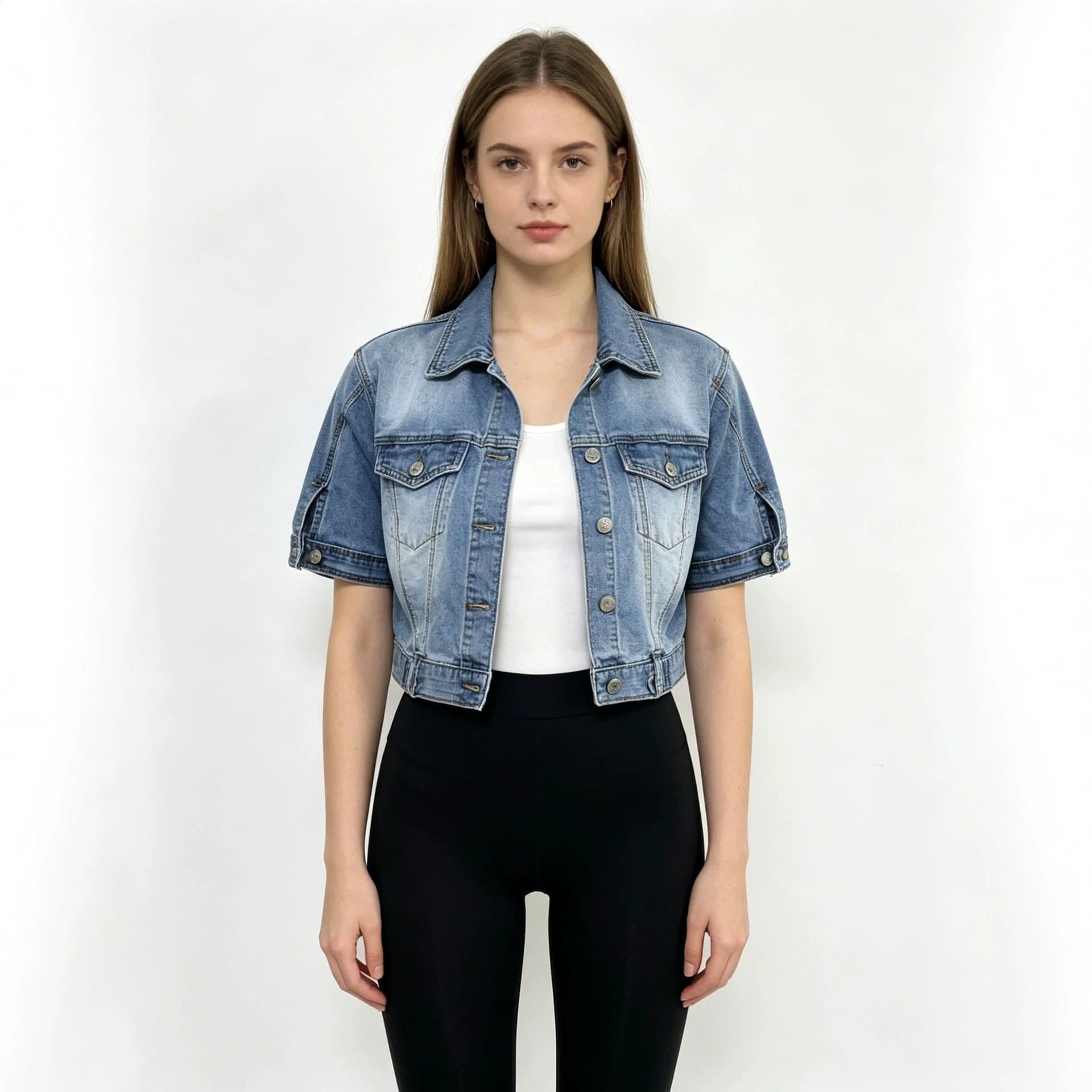 2026 New Cross-Border Women's Denim Short-Sleeve Shirt High-Stretch Thin Jacket Short Notched Collar Slim Fit Outerwear