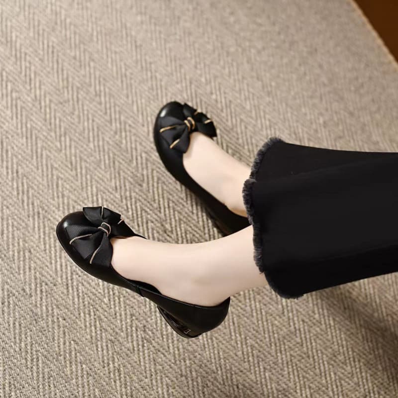 Genuine Leather Mother Shoes High Heel Women Shoes 2026 New Leather Shoes Bestseller Work Shoes Black Chunky Heel Flats Spring Autumn