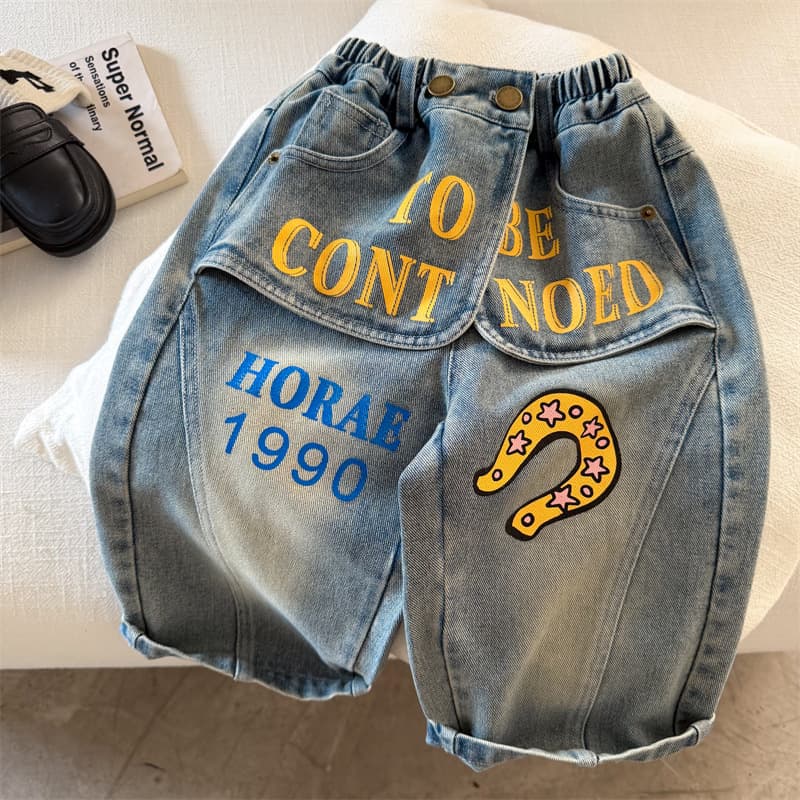 Kids' Pants 2026 Squinty Eyes Autumn New Arrival Boys and Girls Loose Printed Jeans Baby Stylish Pants Trend