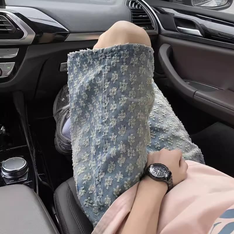 American Retro Jacquard Denim Shorts Men Summer Thin Design Distressed Five-Point Pants Loose Casual Mid-Length Shorts