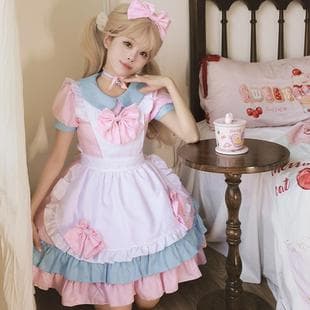 Japanese Maid Lolita Soft Dress Cosplay Anime Cream Sweetheart Cafe Cute Maid Uniform Set