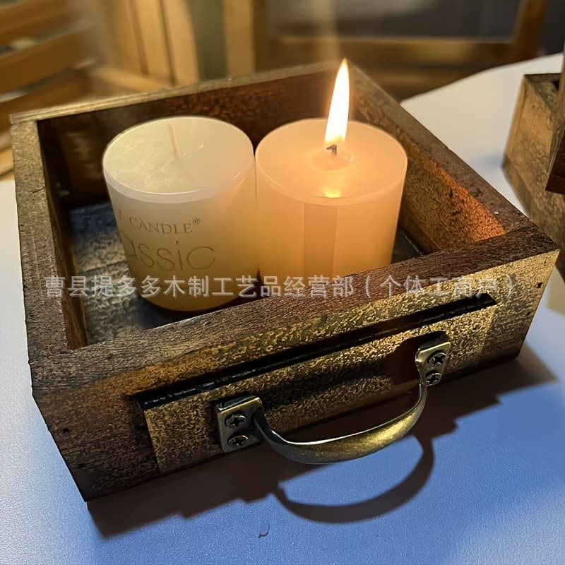 Cross-border stock vintage American-style wooden square candle holder with antique iron handle, the perfect choice for home decoration