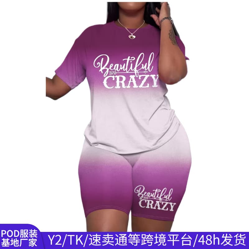 Cross-Border Summer New Plus Size Women's Set Retro Gradient Print Commuter Women's Clothing High-End Sense Drop Shipping