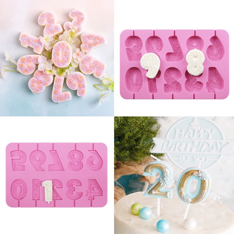 Rose Flower Candle Mold Forest Style Number Silicone Lollipop Mold Birthday Cake Candle Number Chocolate Mold