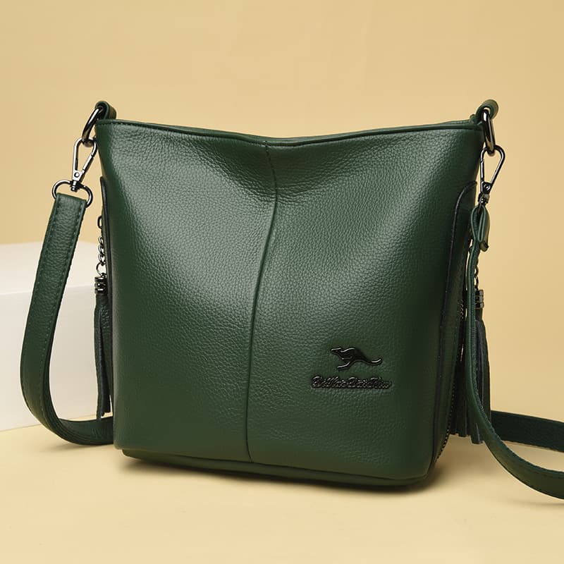 Cross-border Kangaroo Genuine Leather Tassel Bucket Bag 2024 New Women's Crossbody Shoulder Bag Fashion Stitching Elegant Women's Bag
