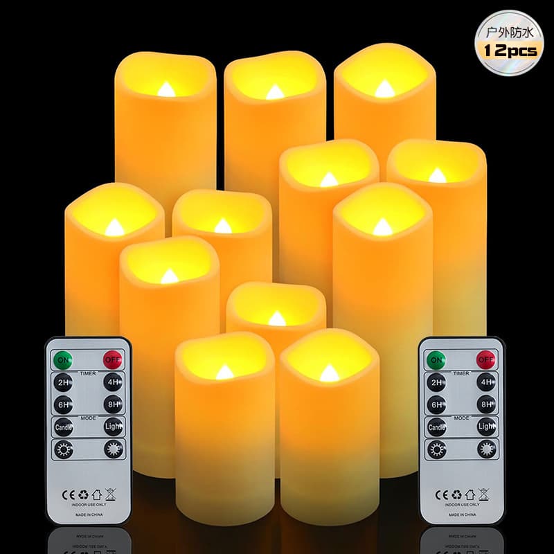 Waterproof LED Remote Control Electronic Candle Lights 12-Piece Set for Outdoor Music Festival Banquet Party Celebration Decoration