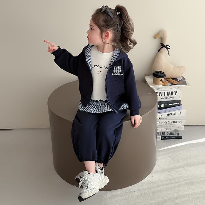 Girls sweatshirt jacket spring and autumn children baby fashionable sports hooded baseball uniform cardigan plaid curtain wide leg pants