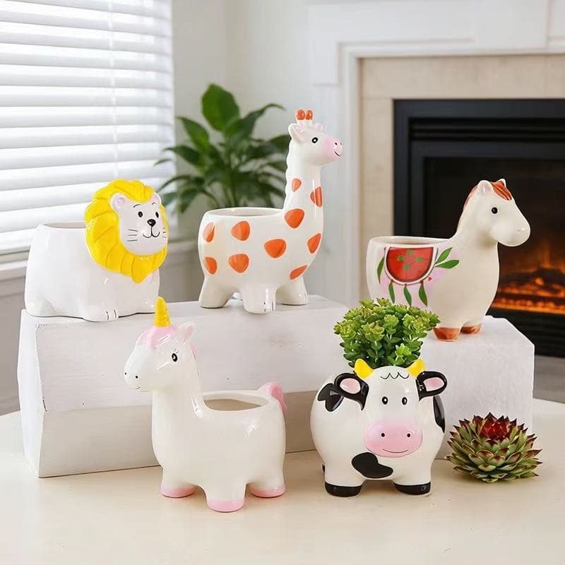 Animal-Shaped Cartoon Ceramic Flower Pots for Children to Plant Succulents, Flowers, and Green Plants; Cute Pots for Creative Kindergarten Use