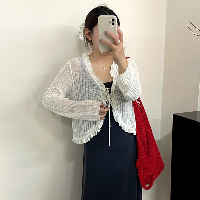 Plus Size Women's V-Neck Ruffle Trim Jacket, Thin Top 2026 Summer Style, Plus Size Versatile Knit Cardigan 23965
