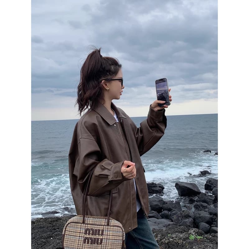 Black Leather Jacket for Women 2025 Early Autumn New Style Brown Petite PU Loose High-End Sense Turn-Down Collar Leather Jacket
