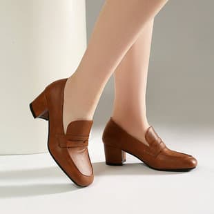 Vintage Chunky Heel Loafers Women Spring Autumn Commute Square Toe Slip-on Leather Shoes Versatile Workplace Mid Heel Pumps High Heels