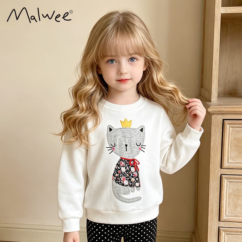 Malwee Girls' Long Sleeve round Neck Sweatshirt Cute Children's Clothing Soft Cotton Winter Spring Autumn Kids' Fashionable Outfit