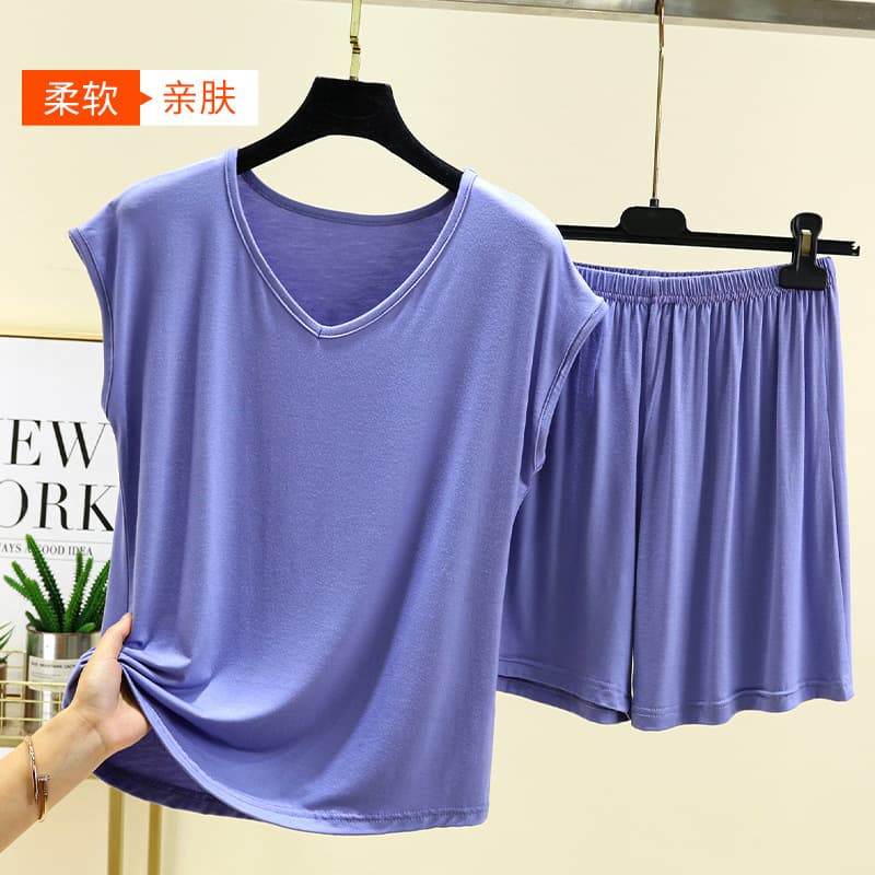 Modal V Neck Sleeveless Pajamas Set for Women Summer Thin Home Clothes Large Size Casual Outer Wear Pure Color T-Shirt Shorts