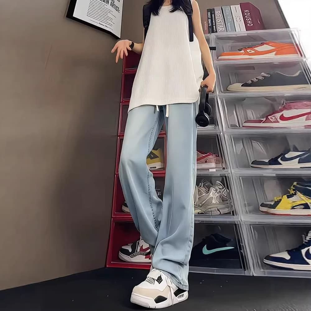 Light Blue Ice Silk Jeans for Men, Thin Summer Straight Leg, High-Waist American Drawstring Wide Leg Pants for Teens and Tall Guys