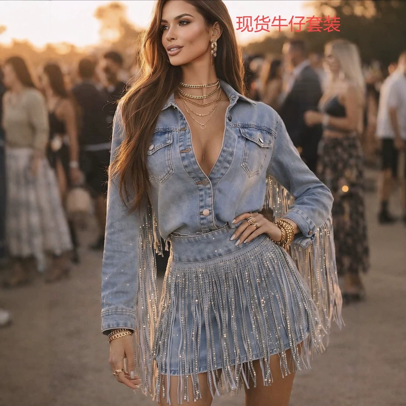 New Fashion Denim Skirt Set Washed Distressed Rhinestone Fringe Denim Skirt Set
