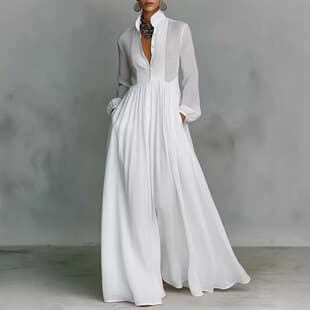 Cross-Border Spring/Summer New Style Elegant Waist-Slimming Long Sleeve Pleated Letter Print Long Vacation Dress French White Dress