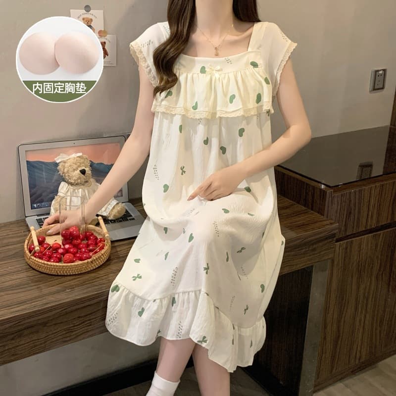 5XL Plus Size Pajamas for Women with Built-in Bra, Summer Cloud Cotton Mid-Length Nightgown, Sweet Loose Loungewear
