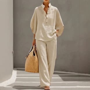 Women's Solid Color Set with Button V-Neck Drop Shoulder Top and Casual Pocket Straight Leg Pants for European and American Cross-Border Independent Station
