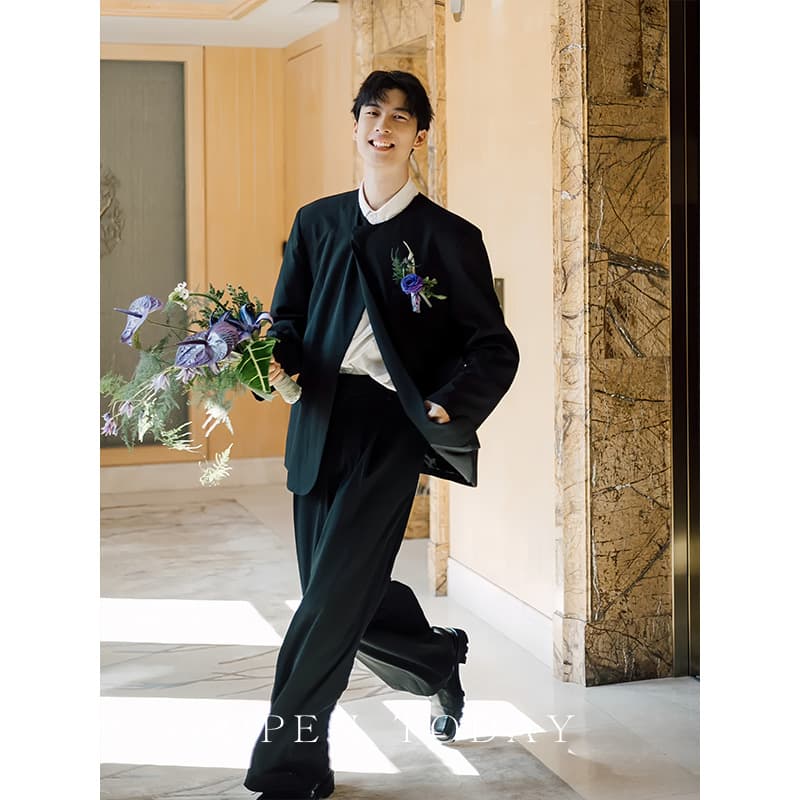 Rogue Chic High-End Suit Set for Men, New Chinese Style Engagement, Niche Round Neck Casual Blazer, Korean Version, Suitable for Daily Wear