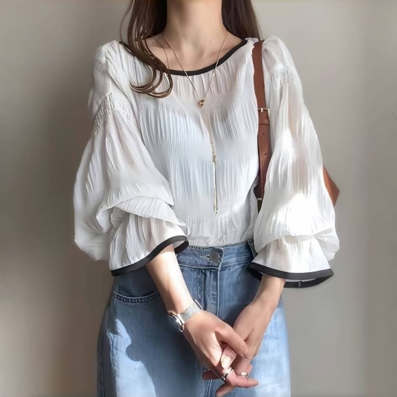 Korean Dongdaemun Summer Fashion New Round Neck Textured Pleated Loose Puff Sleeve Long Sleeve Pullover Chiffon Shirt