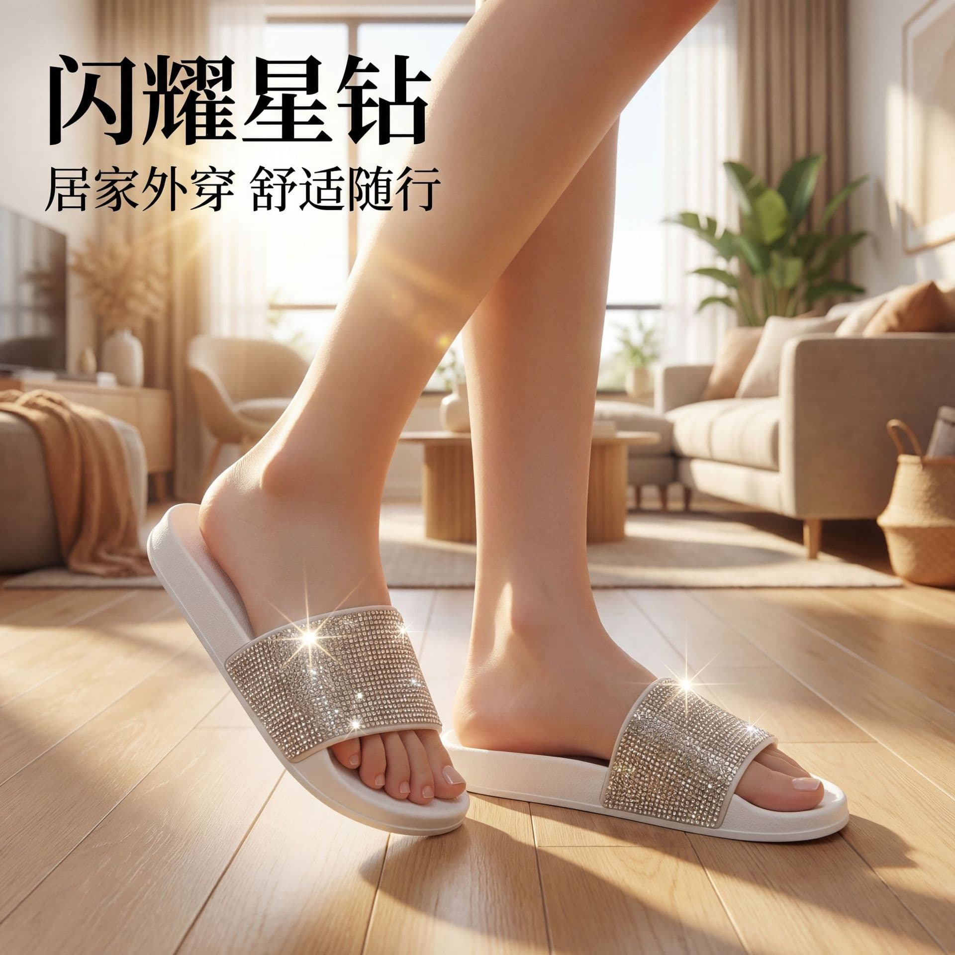 2026 New Rhinestone Slippers Women's Summer Outerwear Thick-Soled Flop Home Anti-Slip Internet Celebrity Sandals Manufacturer Wholesale