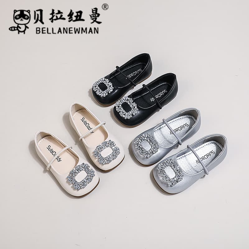 Girls Leather Shoes 2025 Spring New Children's French Style Square Toe Ballet Shoes Rhinestone Slip-On Soft Sole Single Shoes