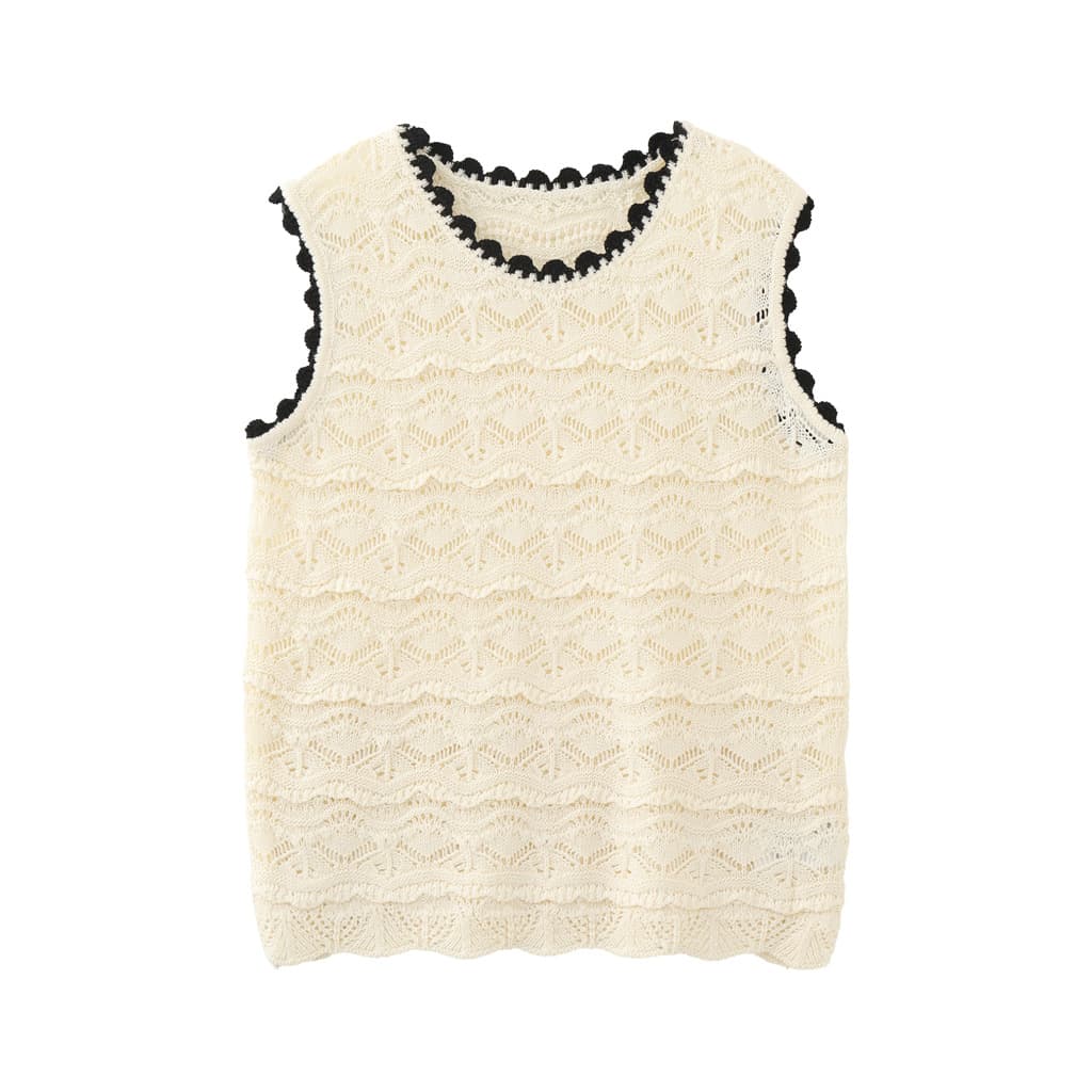 Black and White Contrast Crochet Lace Sleeveless Sweater Vest Top, French Retro Niche Women's Style
