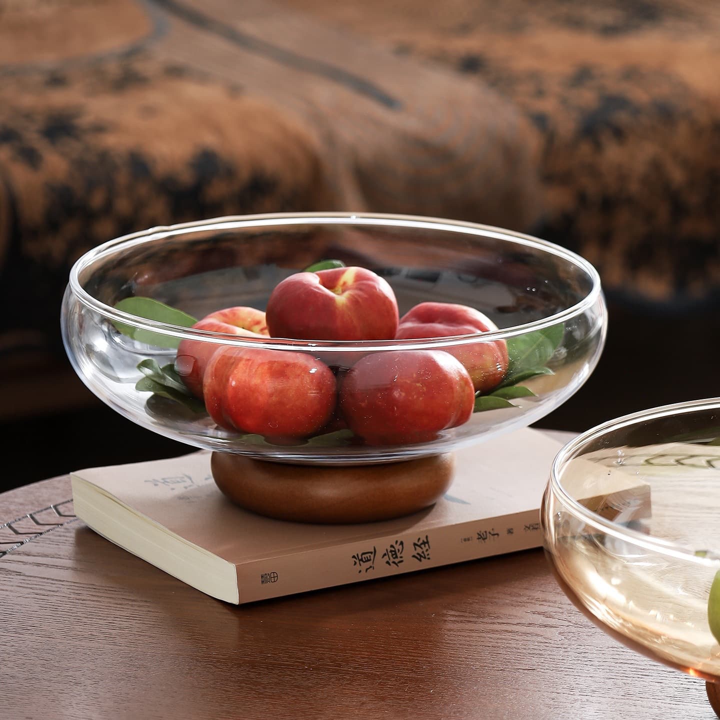 Glass Fruit Bowl Premium Pedestal Decorative Tray with Solid Wood Base, High-End Home Snack Storage Dish