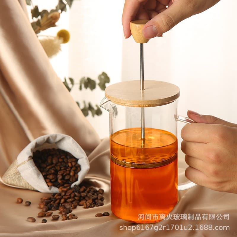 Wood Lid Coffee French Press Pot, High Borosilicate Tea Infuser, Stainless Steel Plunger Coffee Maker Cold Brew Carafe