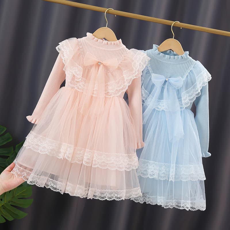 Dropshipping Girls Dress Spring Autumn 2021 New Medium Large Long Sleeve Sweet Sweater Princess Dress