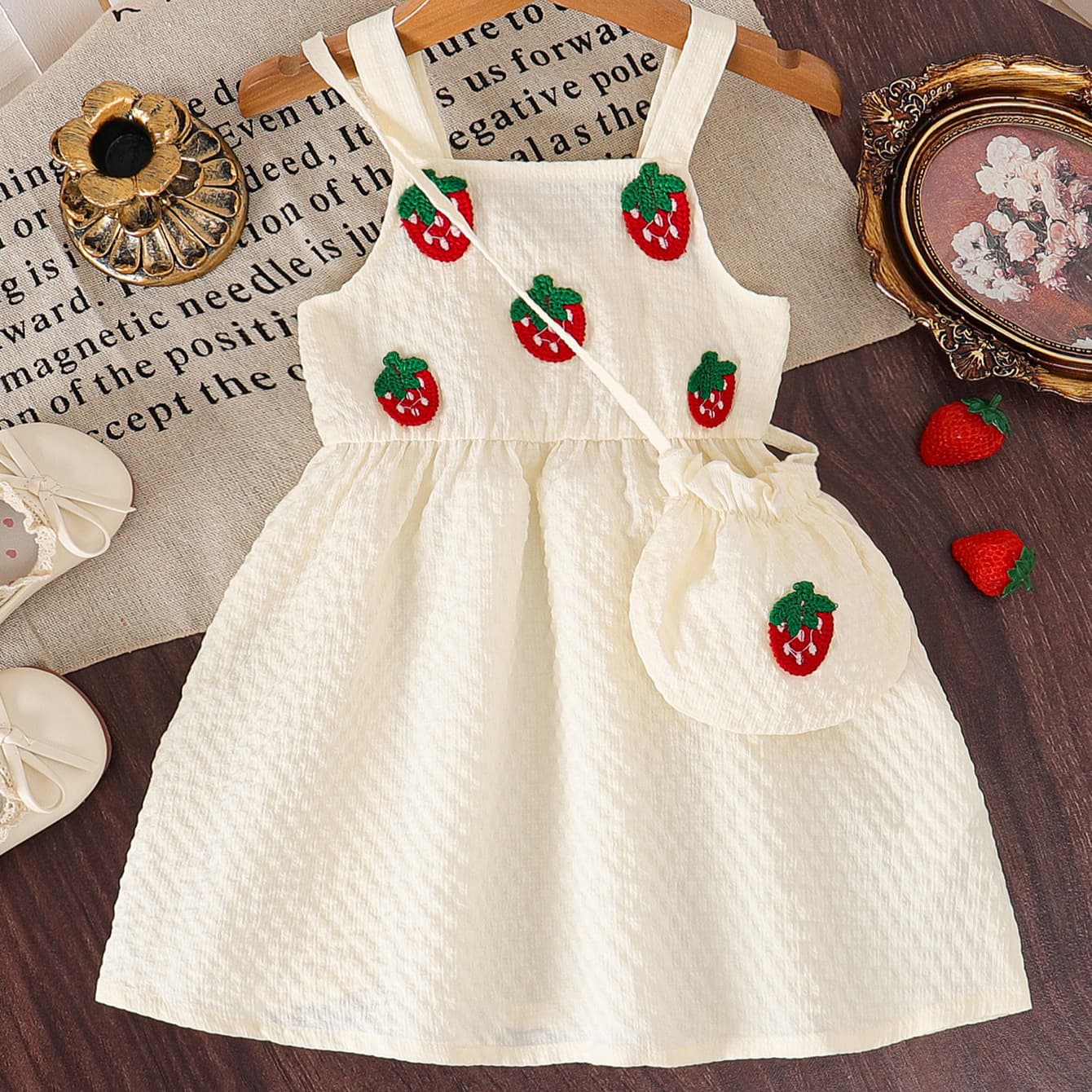 Baby Girls Cute Strawberry Patch Solid Color Strap Puff Grid Casual Dress + Bag