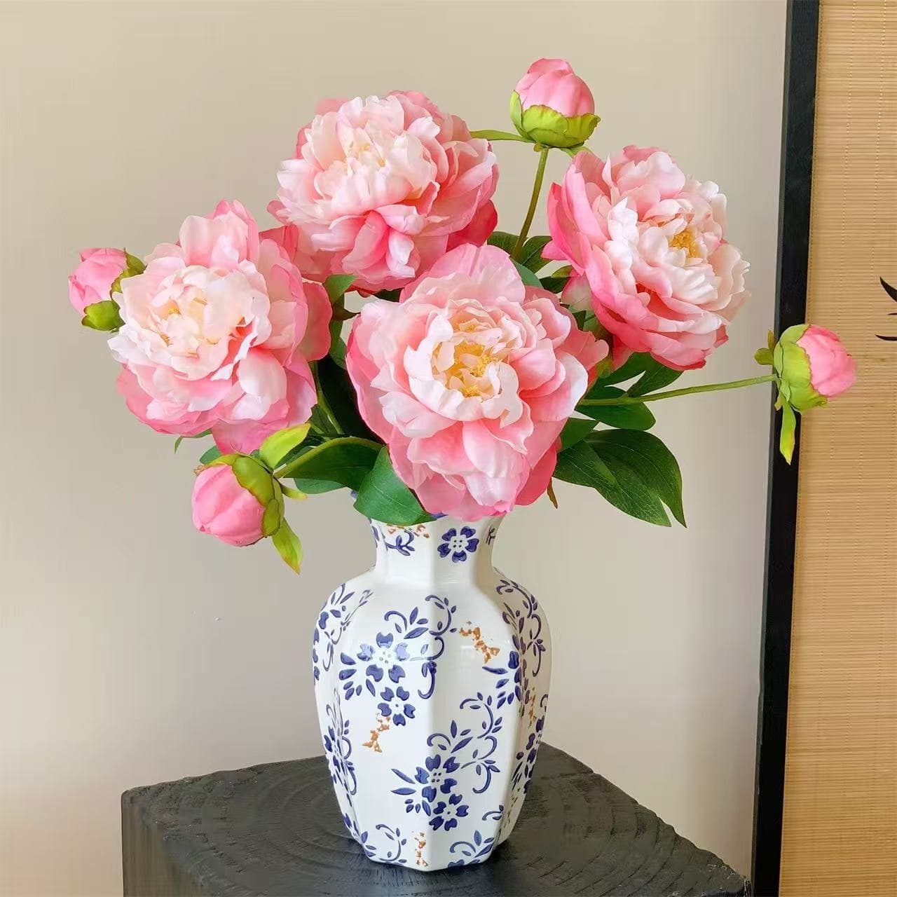 Peony and Chinese Peony Artificial Flower Arrangement with Vase, Living Room Decoration, Chinese-Style High-End Prosperity Peony Fake Bouquet