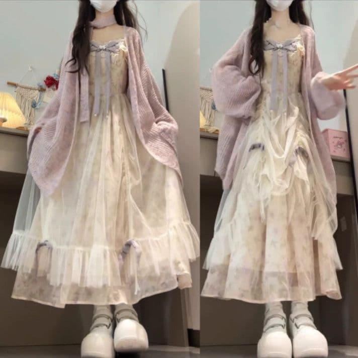 Plus Size Sweet Floral Print Camisole Dress Set for Women Autumn Purple Knit Top Mesh Long Skirt Two-Piece Set