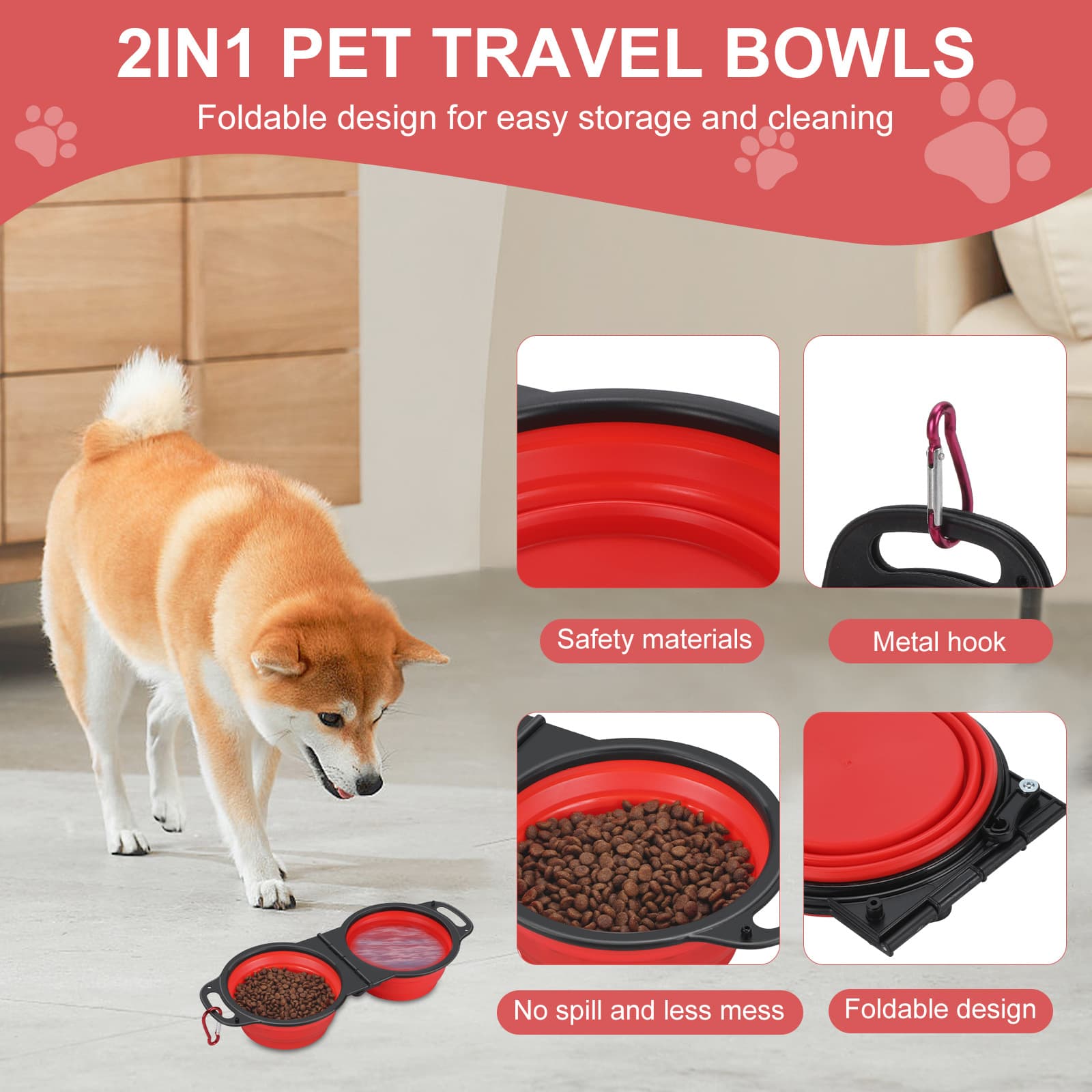 Amazon TEMU Folding Pet Bowl, Double Bowl Silicone Dog Bowl, Foldable Portable Cat Feeding Bowl, Outdoor Dog Bowl