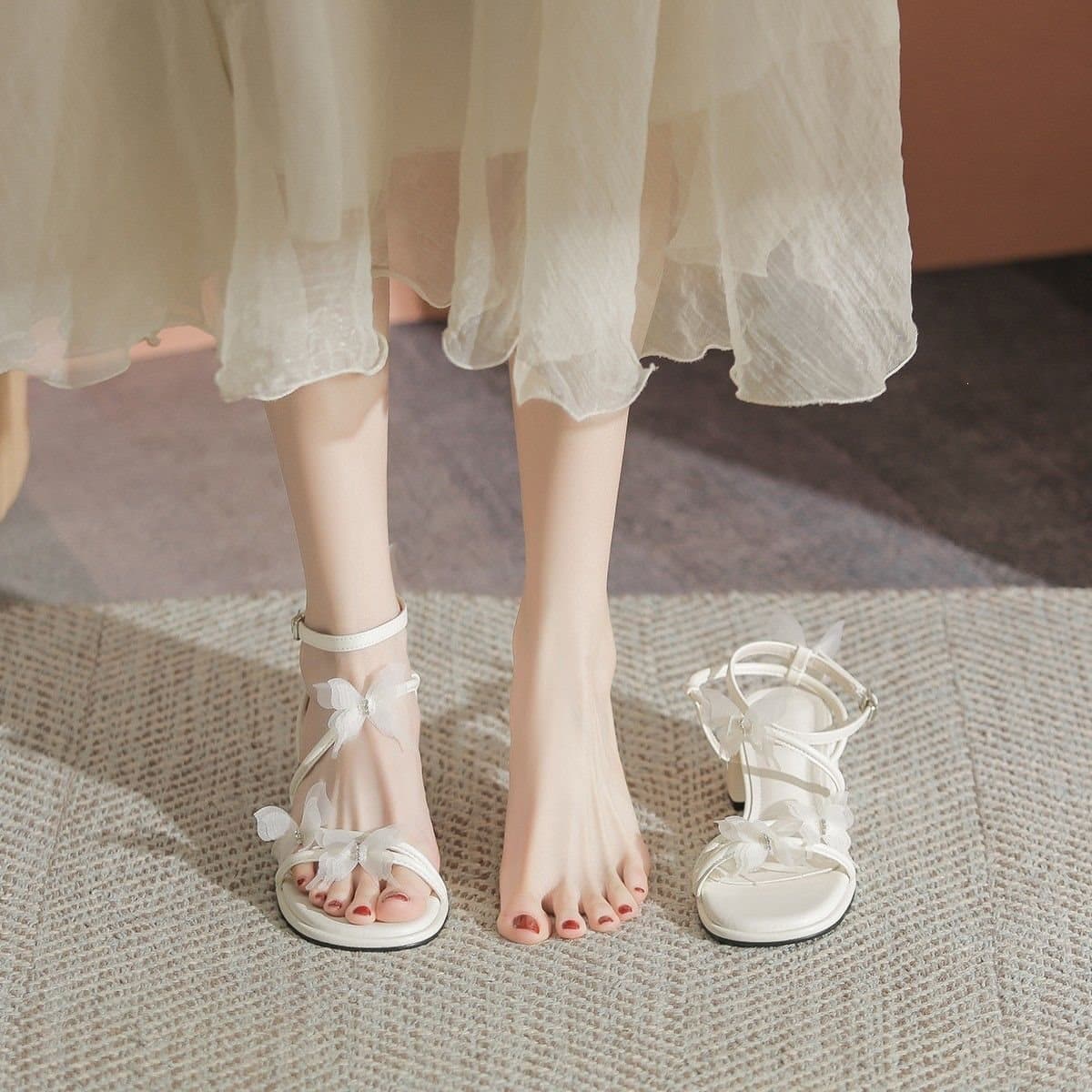 Block Heel One-Strap Fairy Style Sandals Women 2024 Summer New French Exquisite Butterfly Flower Open-Toe High Heels