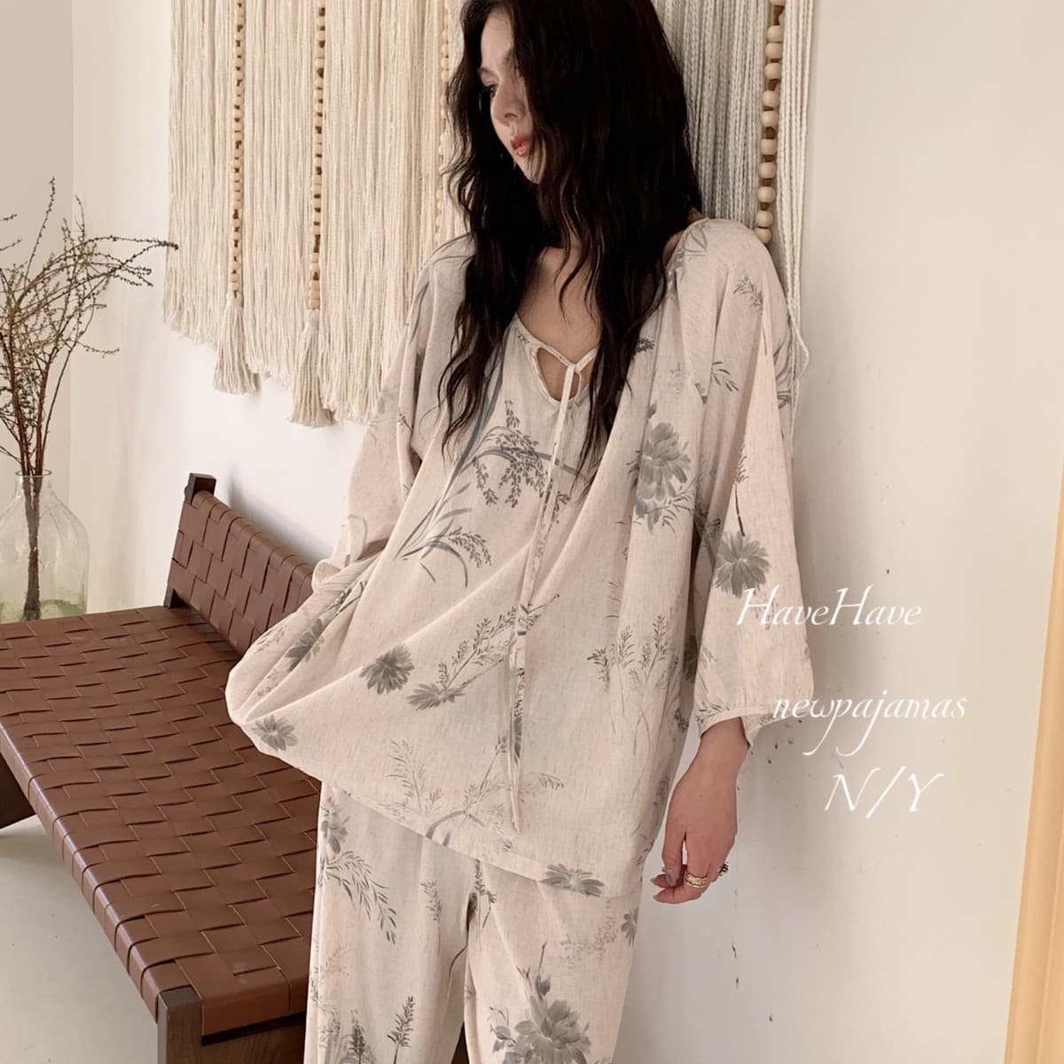 Casual, Lazy, and Relaxed Loose-Fitting Pajamas and Sleep Pants for Spring and Summer, Cotton and Linen Women's Set, New Chinese-Style Outerwear Home Wear