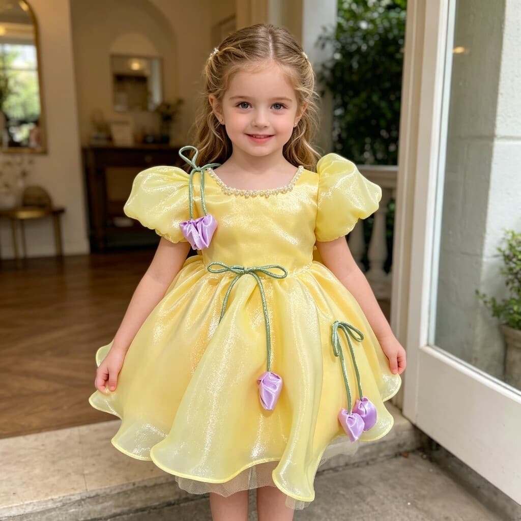 Girls Yellow Puff Sleeve Princess Dress 2026 New Children Birthday Party Gown Sweet Elegant Evening Dress
