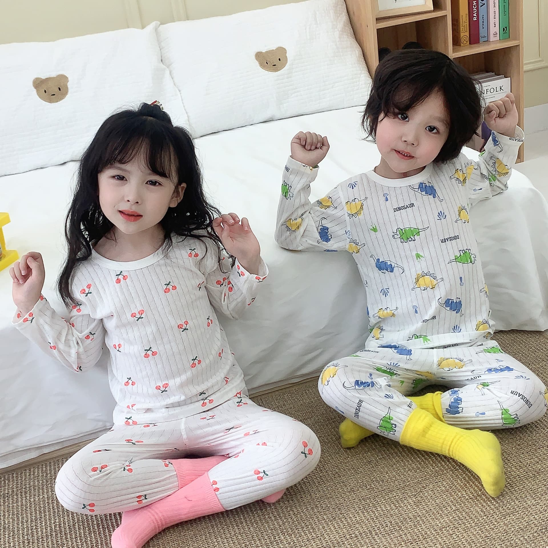 Children's Pure Cotton Pajamas Summer Thin Breathable Cotton Home Suit for Boys and Girls Baby Cartoon Long Sleeve Air-conditioning Suit