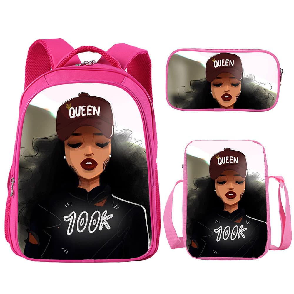 African Girls School Bag Three Piece Set 16 Inch Double Layer Pink Student Girls Backpack Pen Bag Shoulder Bag Set Wholesale