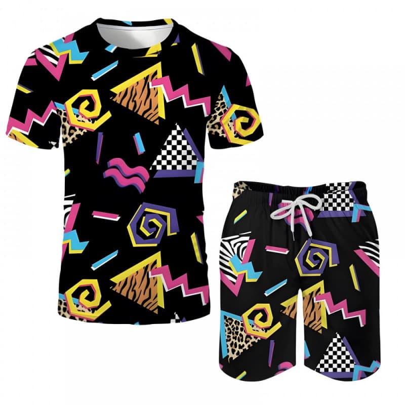 Cross-Border Summer Men's Retro Geometric 3D Print Short Sleeve + Short Set, Casual Vacation Style Two-Piece Outfit