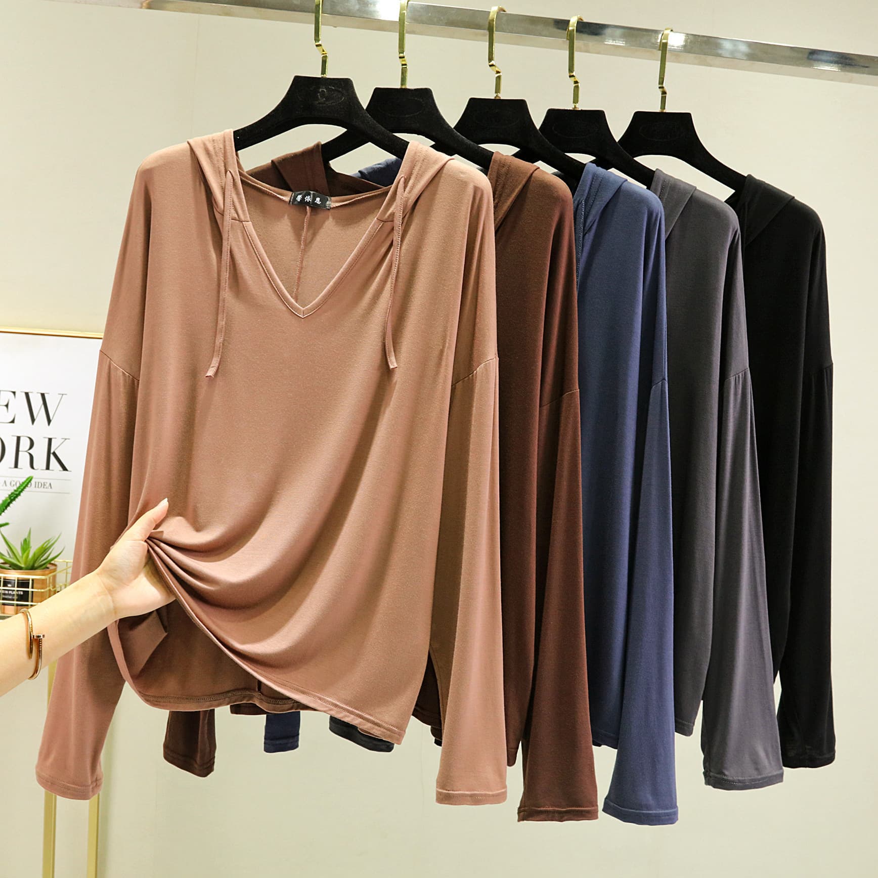 Modal Spring Summer Thin Hooded Sweatshirt Plus Size Base Layer Top Outer Wear T-Shirt Loose Fit Sun Protection Home Air Conditioning
