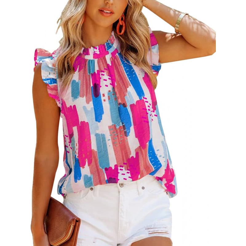 Women Summer Ruffle Trim Neckline Tank Tops Double Lined Chiffon