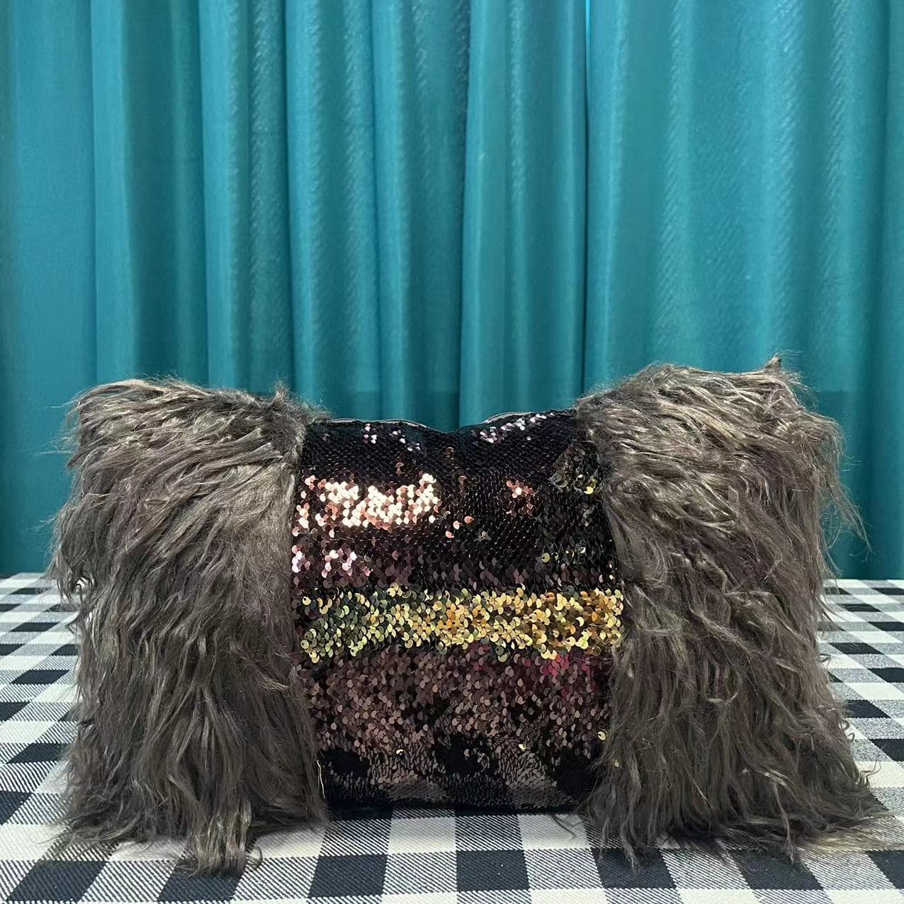 Cross-border Plush and Sequins Patchwork PVC Plush Decorative Pillow Cover for Living Room Seat Cushion, Insert Not Included