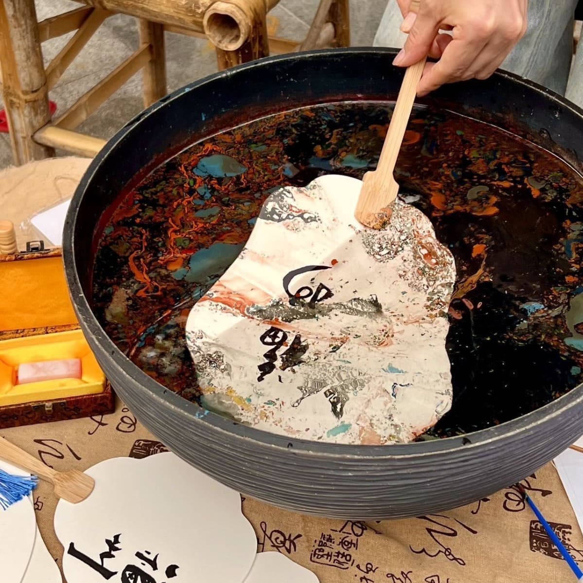 DIY Marbling Paint Fan, Blank Chinese Style Lacquer Fan, Marbling Blank Round Fan, Handmade Fan, Advertising Lacquer Fan